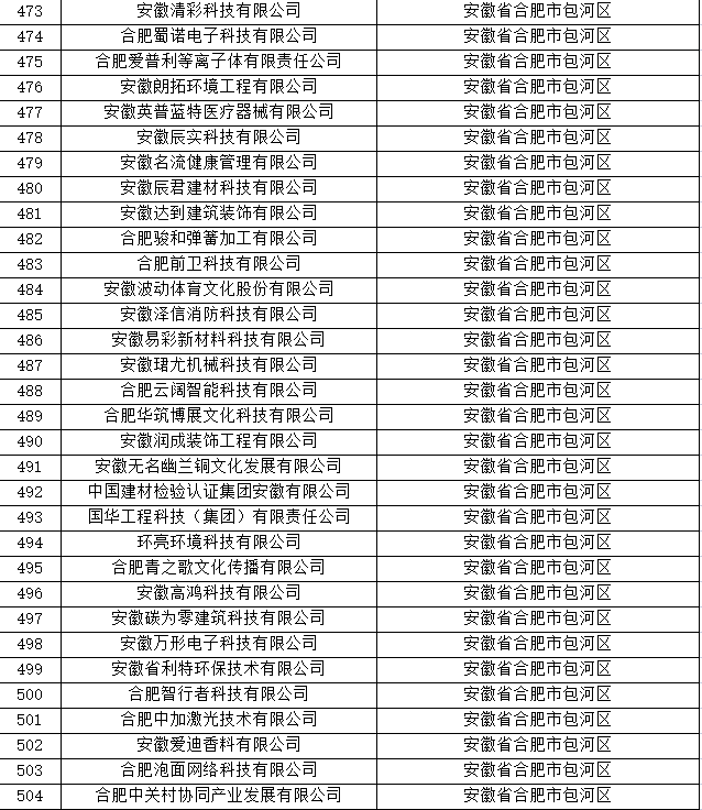 合肥市科技型中小企業(yè)名單