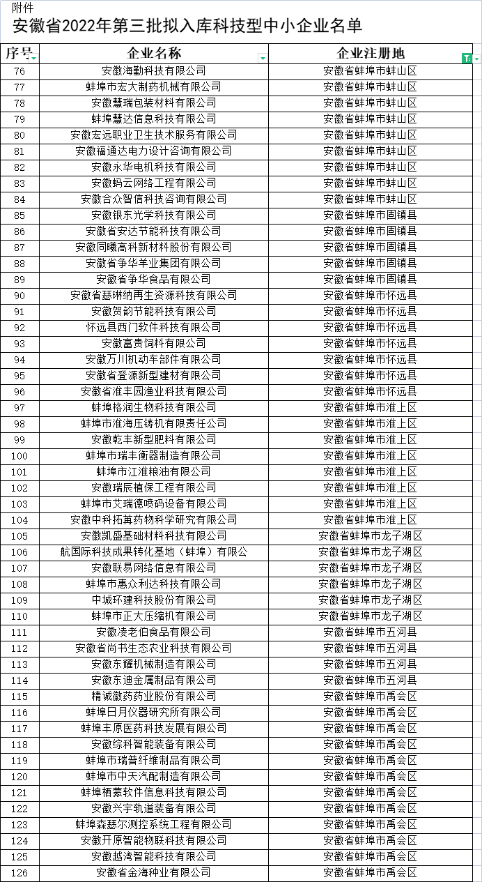 蚌埠市科技型中小企業名單