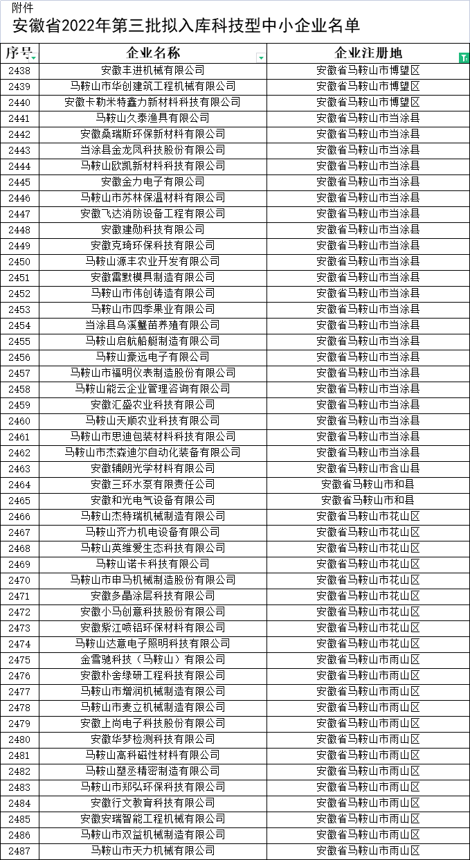 馬鞍山市科技型中小企業公示名單